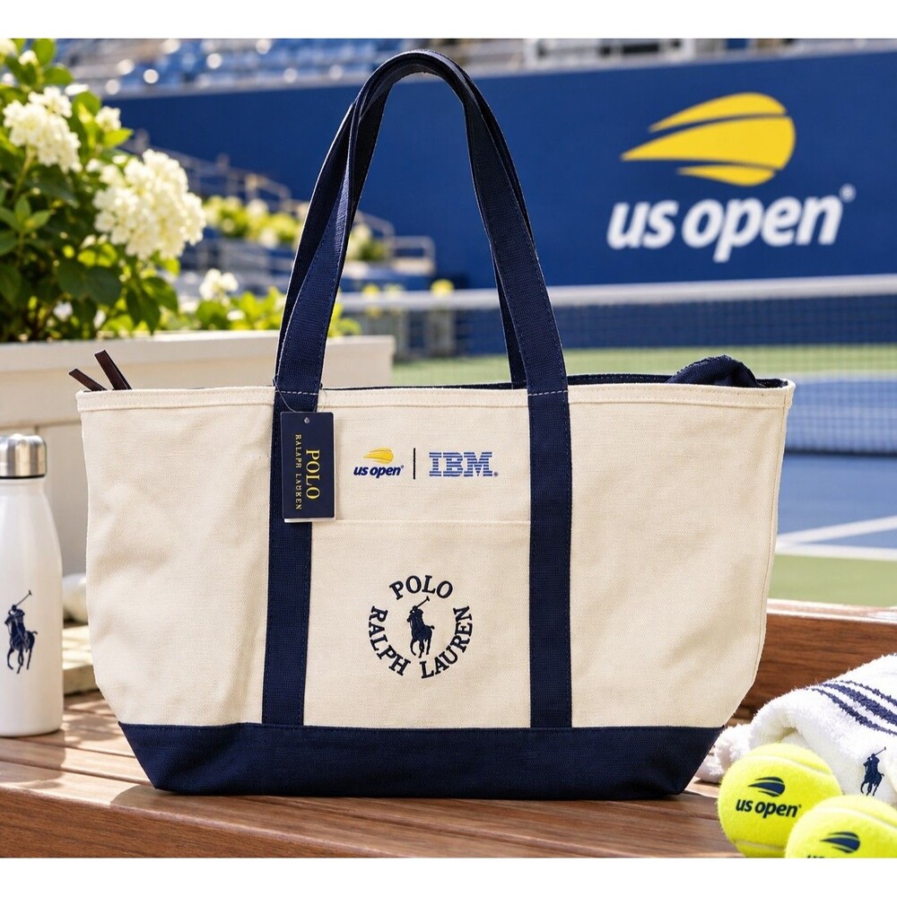 NWT Polo Ralph Lauren US Open IBM Canvas Tote Bag Navy Cream Tennis Large